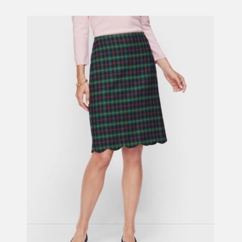 Talbots Green Tartan Plaid Mini Skirt Scallop Hem Wool Blend A-Line Size 10